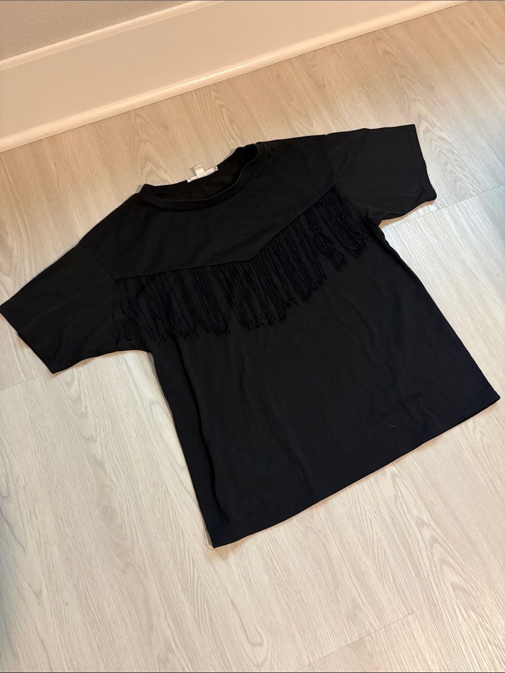 Wild Honey Black Short Sleeve Tee with Fringe Detail